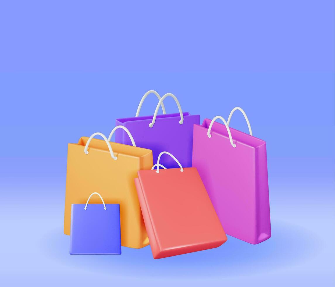 3d compras bolso conjunto aislado. hacer colección realista regalo bolsa. venta, descuento o despeje concepto. en línea o Al por menor compras símbolo. Moda bolso. vector ilustración