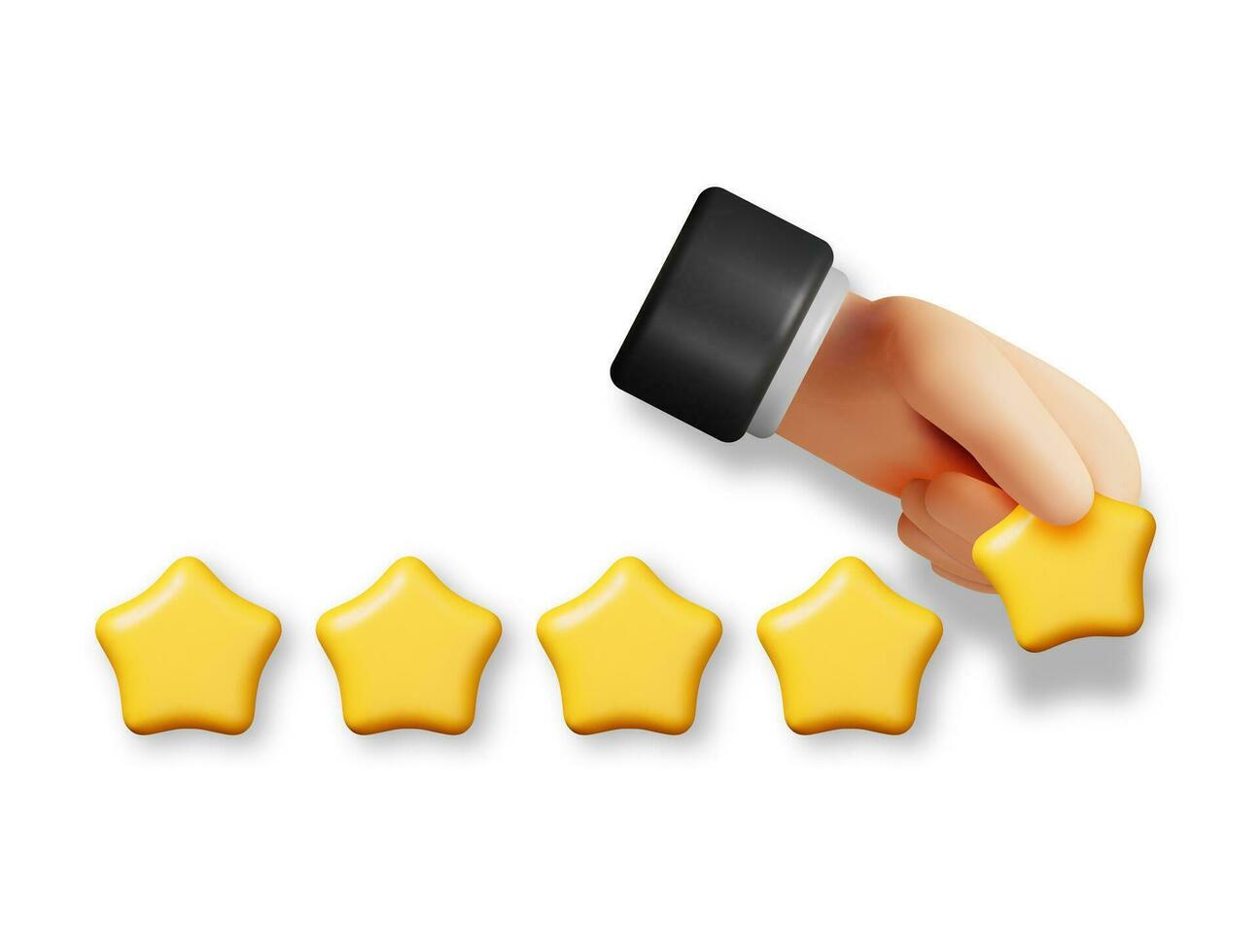 3D Glossy Yellow Five Stars Rating with Hand Isolated. Reviews Five Star Realistic Render. Testimonials, Rating, Feedback, Survey, Quality and Review. Achievements or Goal. Vector Illustration