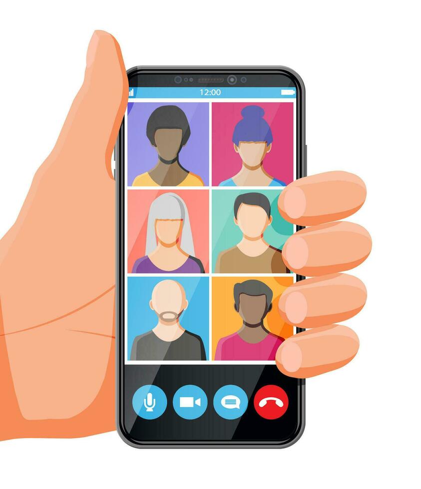 Meeting company via video conference. Video call on smartphone. Chat with group of people. Decline and accept buttons on screen. Online meeting, videocall webinar or training. Flat vector illustration