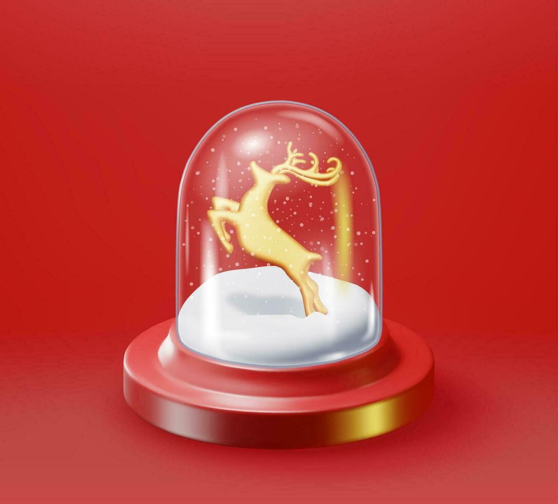 3D Glass Christmas Snow Globe with Deer Isolated. Render Sphere Podium with Reindeer. New Year Decoration. Merry Christmas Holiday. Xmas Celebration. Realistic Vector Illustration