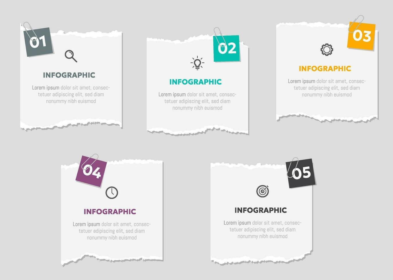 Vector illustration paper cut note infographic template with 5 options or step icons.