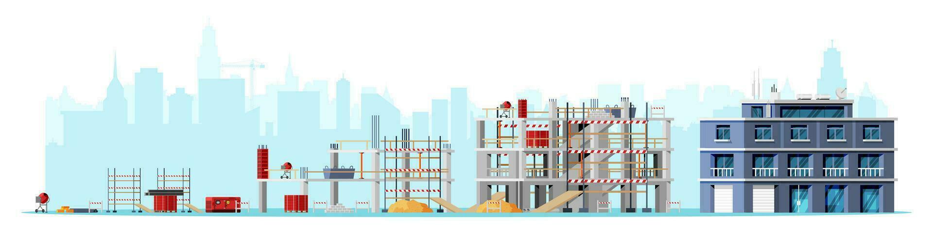 Construction Site Stages Isolated on White. Different Stages of Construction Process. Building Under House. Building Activity on Different Levels. Cartoon Flat Vector Illustration