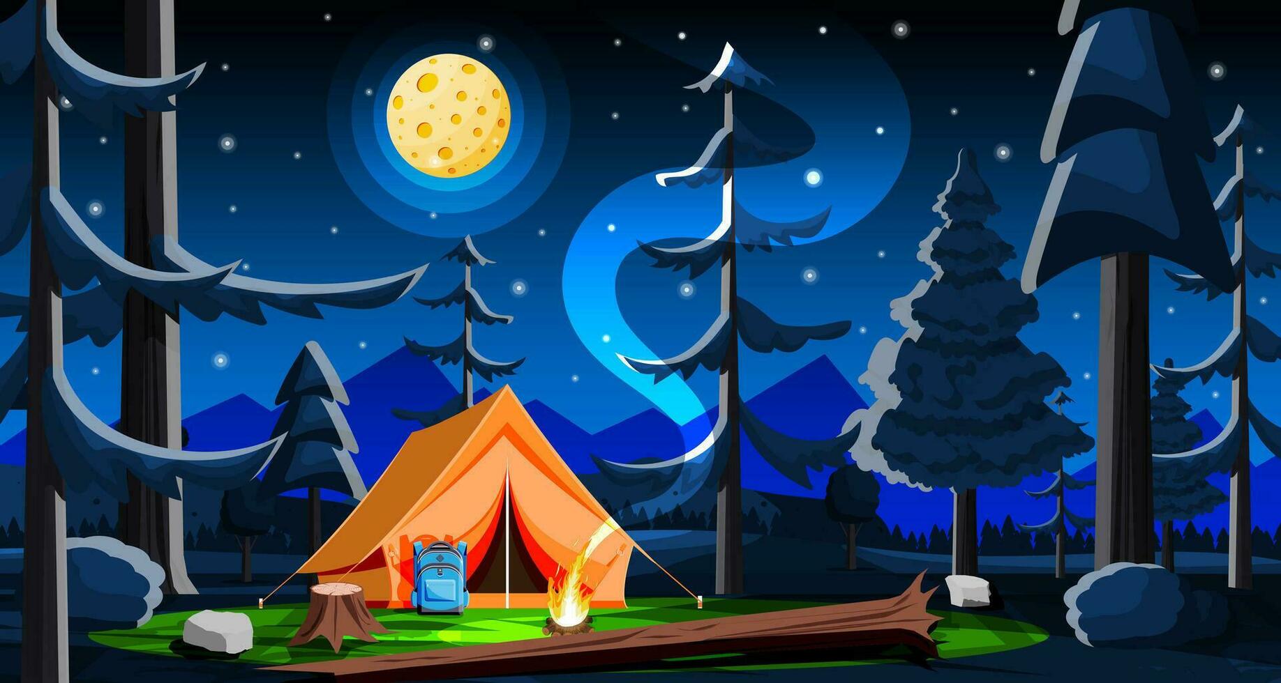 Night Meadow with Grass and Camping. Tent and Campfire. Summer Landscape Concept. Green Forest and Blue Sky. Countryside Rolling Hills and Mountains. Trees on the Horizon. Flat Vector Illustration