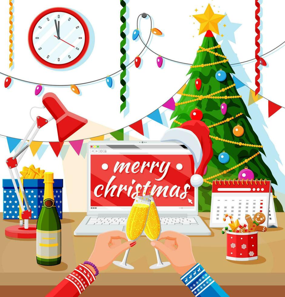 Christmas and New Year Office Desk Workspace Interior. Gift Box, Christmas Tree, Laptop, Lamp, Champagne, Cityscape. New Year Decoration. Merry Christmas Holiday Xmas. Flat Vector Illustration
