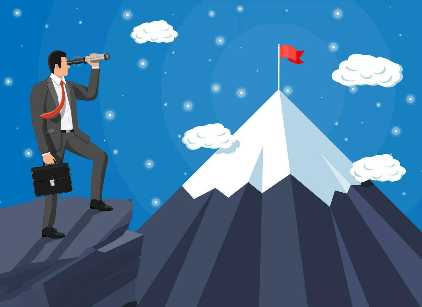 Businessman with briefcase looking for opportunities in spyglass. Business man look up to the target on mountain. Success, achievement, business vision career goal. Flat vector illustration