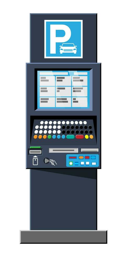 Parking Meter Isolated on White. Ticket Machine Icon. Modern Meters for Parking Lot. Authorized Machine. Self Service Parking Pay. Electronic Payment Terminal. Cartoon Flat Vector Illustration