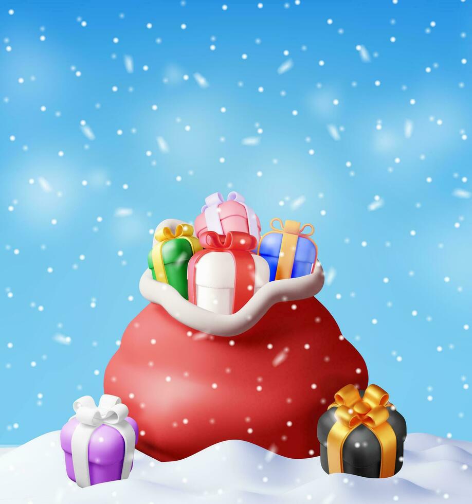 3d abierto Papa Noel claus saco lleno de regalos en nieve. hacer rojo paño bolso para presenta contento nuevo año decoración. alegre Navidad día festivo. nuevo año Navidad celebracion. realista vector ilustración