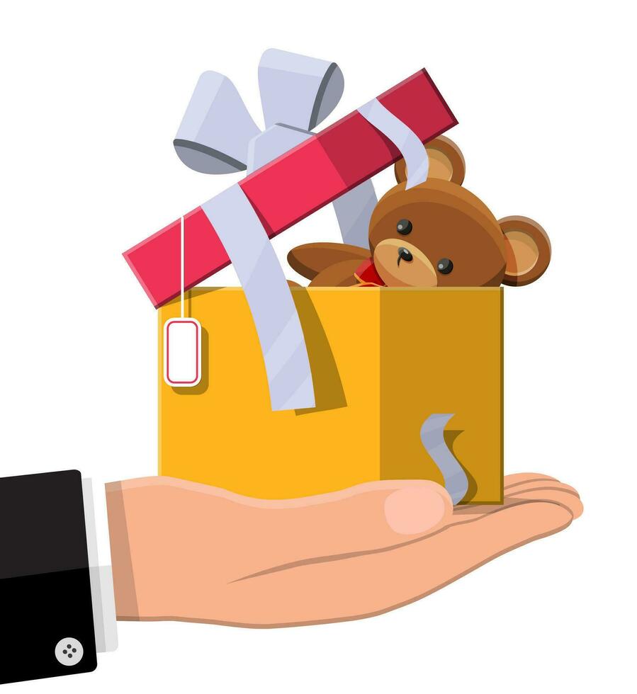 Teddy bear inside gift box. Bear plush toy. Teddybear icon. Christmas or new year gift. Children donation. Vector illustration in flat style