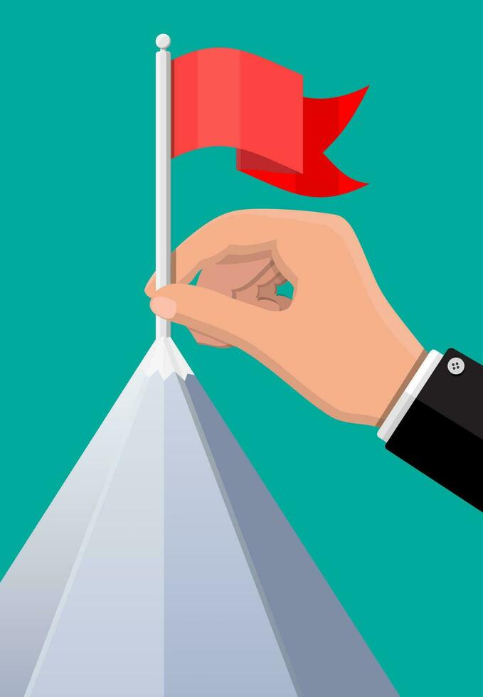 Businessman hand puts flag on peak of mountain. Business success, target, triumph, goal or achievement. Winning of competition. Vector illustration flat style