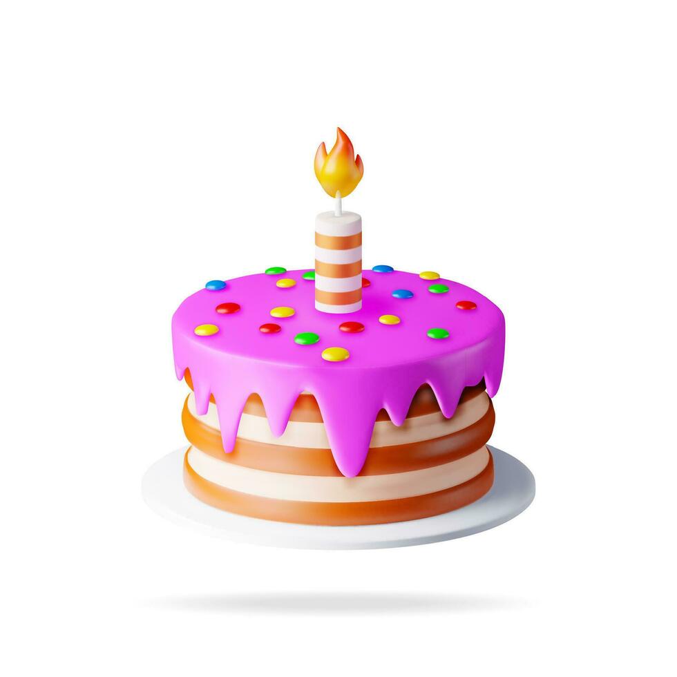 3D Cake with One Burning Candle Isolated on White. Render Chocolate Layer Cake Decorated with Purple Glaze Icing. Sweet Party Pie, Holiday Anniversary, Celebration Dessert Gift. Vector Illustration