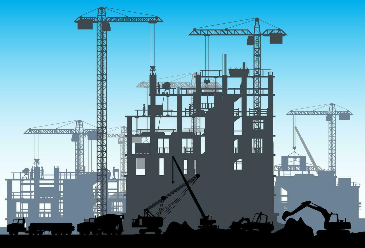 Construction Site Banner Silhouette Landscape. Truck car, Workers, Concrete Piles, Tower Crane. Under Construction Design Background. Building Materials and Equipment. Cartoon Flat Vector Illustration