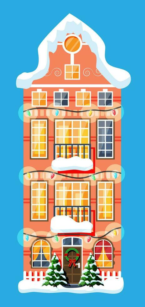 City House Covered Snow. Building in Holiday Ornament. Christmas Tree Spruce, Wreath. Happy New Year Decoration. Merry Christmas Holiday. New Year and Xmas Celebration. Flat Vector Illustration