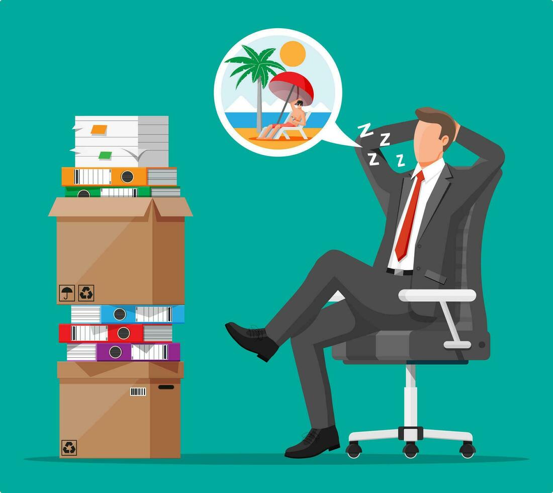 Business man character sleep in bunch of papers. Tired businessman or office worker sleeping on workplace. Stress at work. Bureaucracy, paperwork, deadline. Vector illustration in flat style