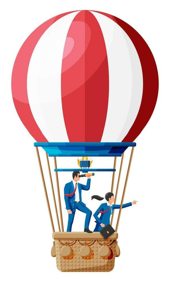 Business people on air balloon. Businessman with spyglass. Team work, collaboration. Searching business solution and strategy. Success achievement business vision career goal. Flat vector illustration