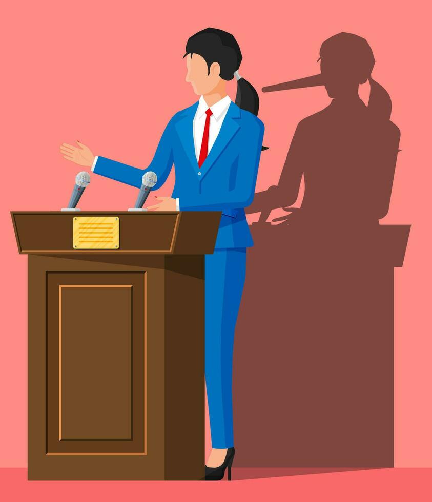 Businesswoman with long nose shadow on wall. Orator speaking from tribune. Public speaker. Liar, lying people in business. Cheat, fraud, scam, hoax and crime. Vector illustration in flat style