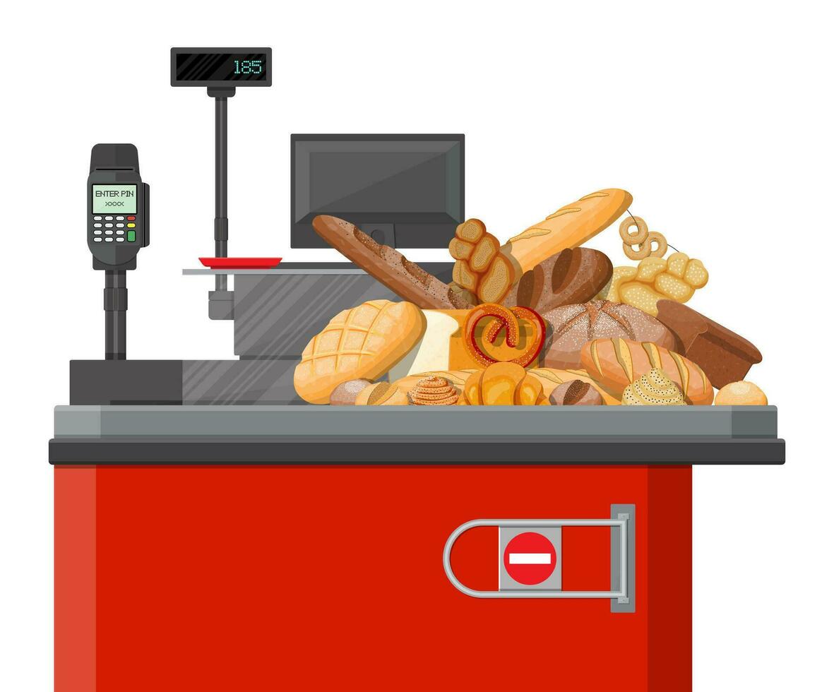 Bread products in checkout counter. Supermarket interior. Whole grain wheat and rye bread, toast, pretzel, ciabatta, croissant, bagel, french baguette, cinnamon bun. Flat vector illustration