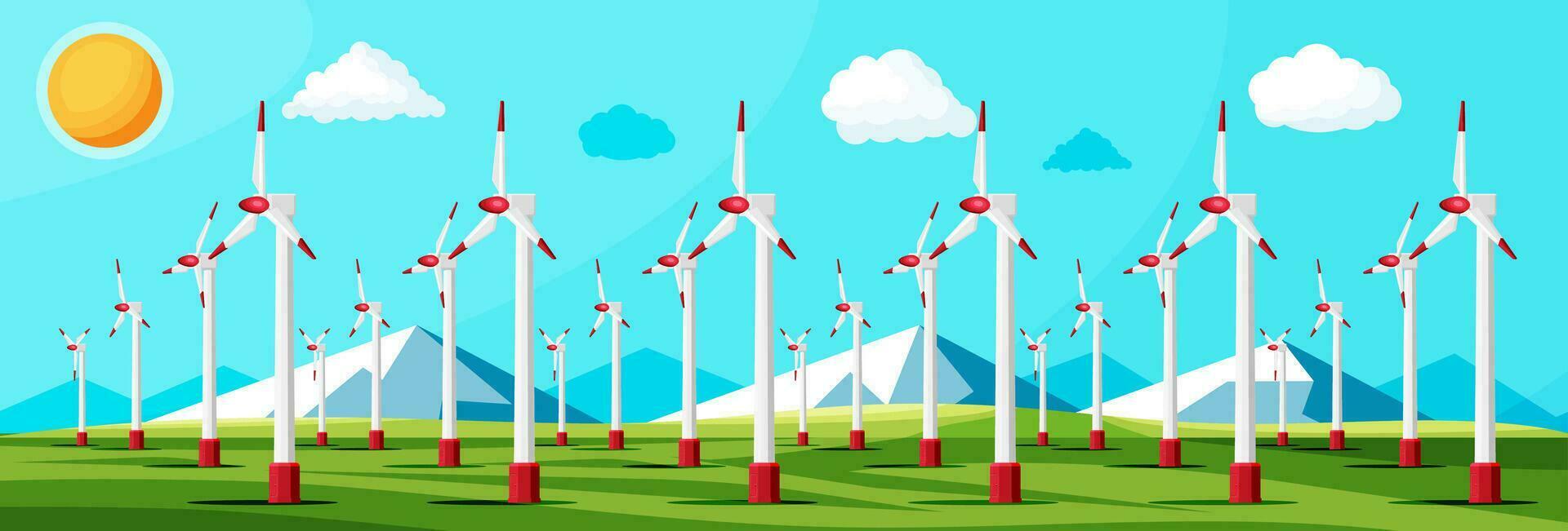 Wind Farm In Green Fields Among Mountains. Nature Landscape With Modern Windmills. Green Energy Concept Banner. Ecology Alternative Energy Source Technology. Flat Vector Illustration