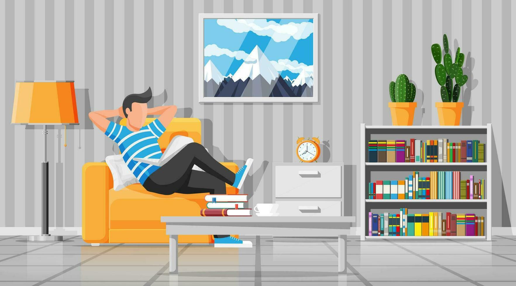 Interior of modern living room. Freelancer on sofa working at home with laptop. Man chilling on armchair. Hipster character in jeans and t-shirt. Lamp, library, plant. Flat vector illustration