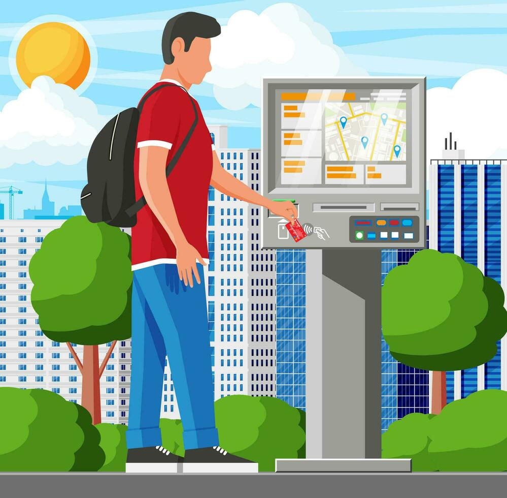 Street Payment Terminal and Man. Self Service Financial Equipment and Cityscape. Payment for Services and Goods. ATM, Ticket Machine or Parking Meter, Freestanding. Cartoon Flat Vector Illustration