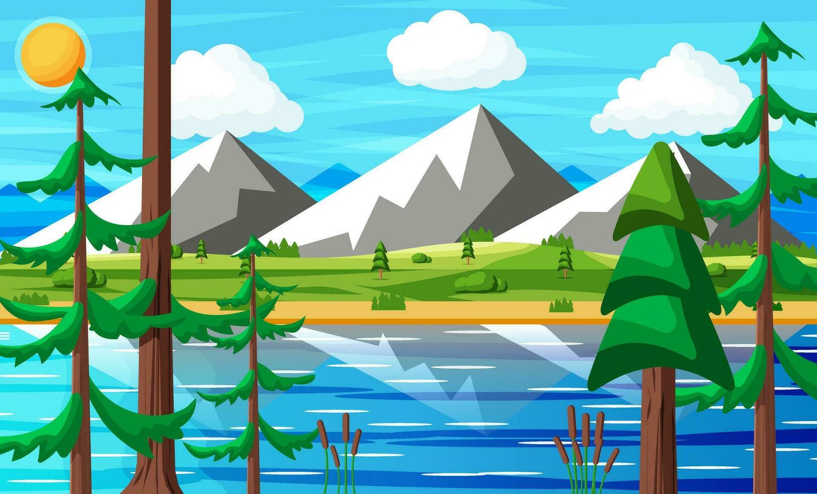 Landscape Of Mountains And River. Summer Nature Landscape With Rocks, Forest, Grass, Sun, Sky, Lake and Clouds. National Park or Nature Reserve. Vector Illustration In Flat Style