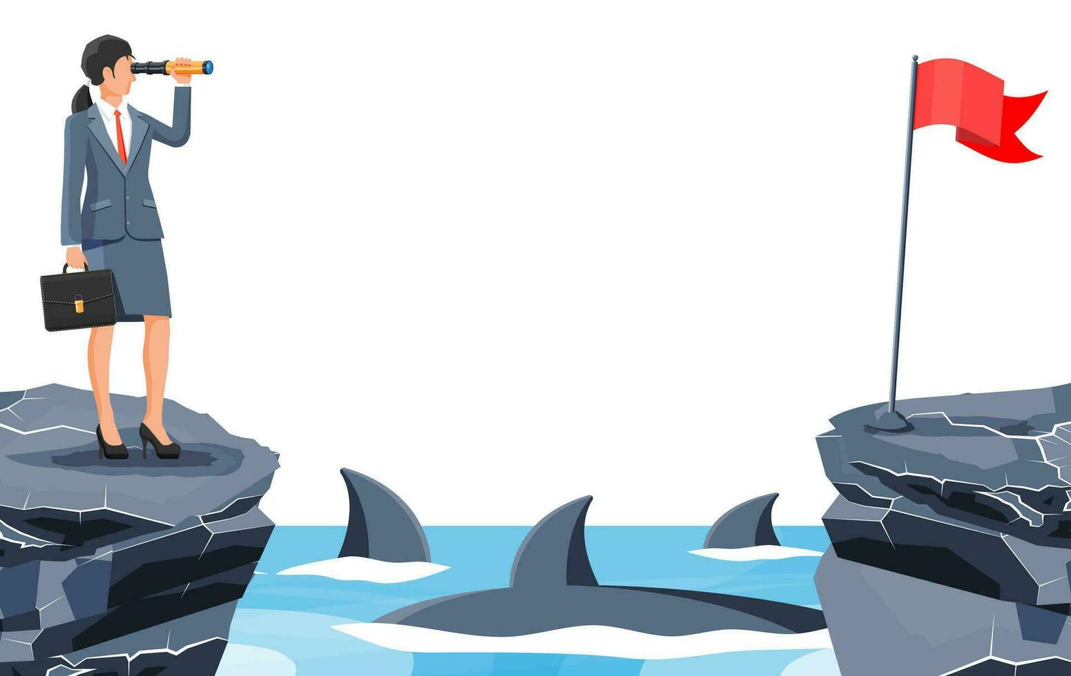 Businesswoman with spyglass on tiny island in sea and surrounded by sharks. Obstacle on work, financial crisis. Risk management. Success, achievement, vision career goal. Flat vector illustration