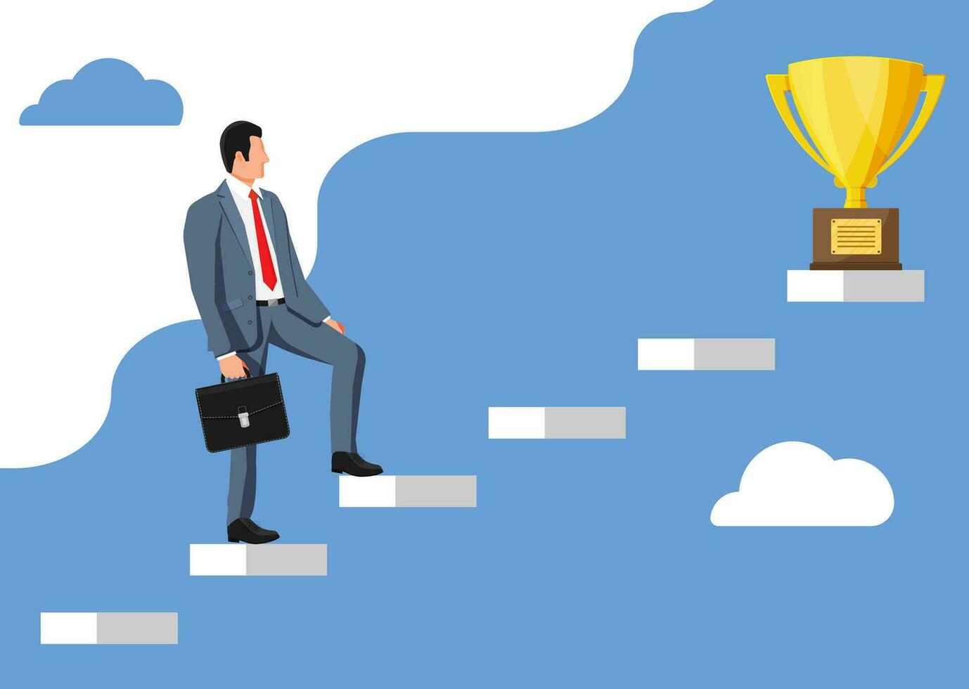 Businessman and gold trophy on ladder of success. Award, victory, goal, champion achievement. Business success, triumph, goal. Growth in career. Winning of competition. Vector illustration flat style