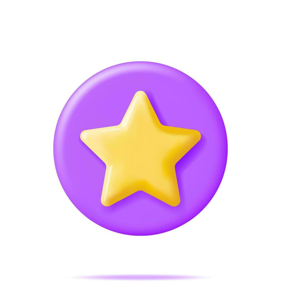 3D Glossy Yellow Star in Purple Circle Shape. Reviews Toy Round Star Realistic Render. Testimonials, Rating, Feedback, Survey, Quality and Review. Achievements or Goal. Vector Illustration