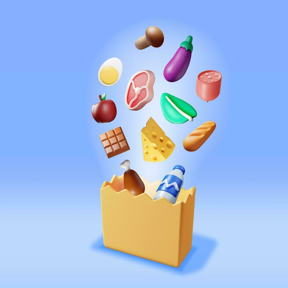 3D Shopping Paper Bag with Fresh Products. Render Grocery Store, Supermarket. Food and Drinks. Milk, Vegetables, Meat Chicken, Cheese, Sausage, Salad, Bread, Chocolate and Egg. Vector illustration