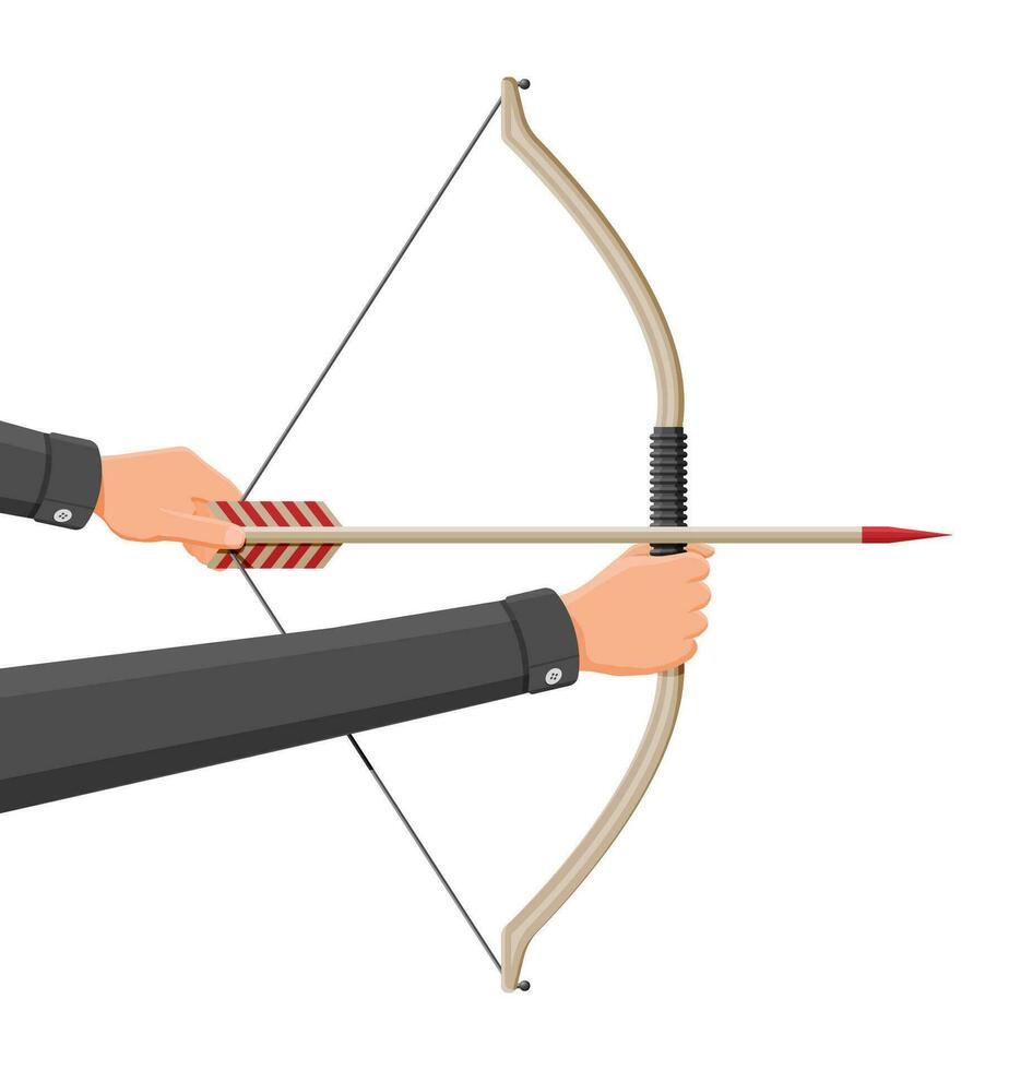 Bow with arrows for shooting. Longbow icon. Cartoon archery bow on white background. Hunters weapon or sports equipment. Flat vector illustration.
