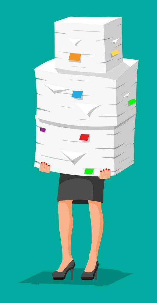 Stressed businesswoman holds pile of office documents. Overworked business woman with stacks of papers. Stress at work. Bureaucracy, paperwork, big data. Vector illustration in flat style
