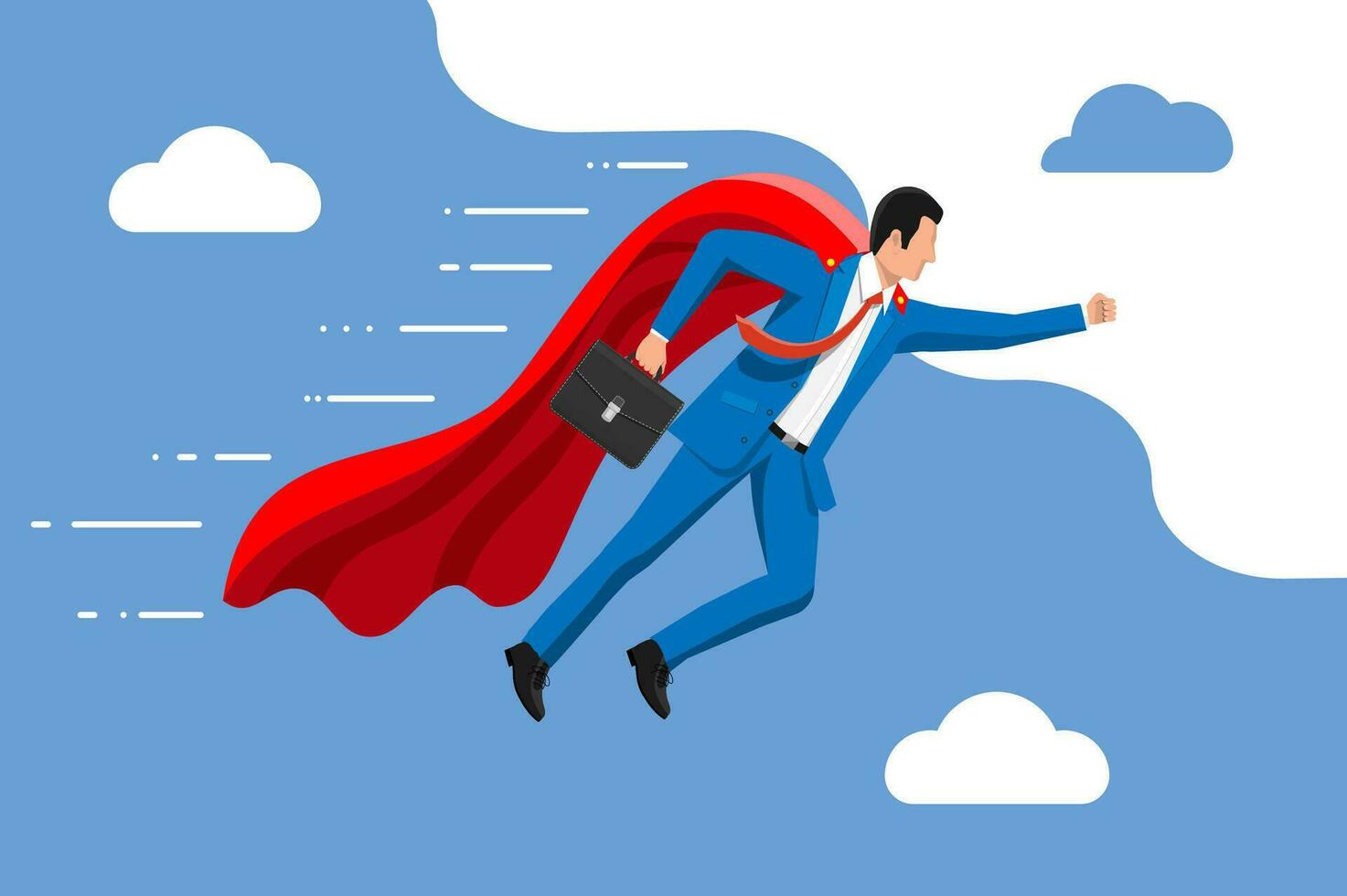 Superhero businessman flying in sky. Business man in suit and red cloak. Goal setting. Smart goal. Business target concept. Achievement and success. Vector illustration in flat style