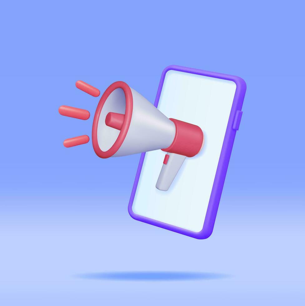 3D Megaphone in Smartphone Isolated. Render Plastic Megaphone Realistic and Phone. Modern Bullhorn or Loudspeaker. Social Media, Announcement Message, Marketing, Job, Attention. Vector Illustration