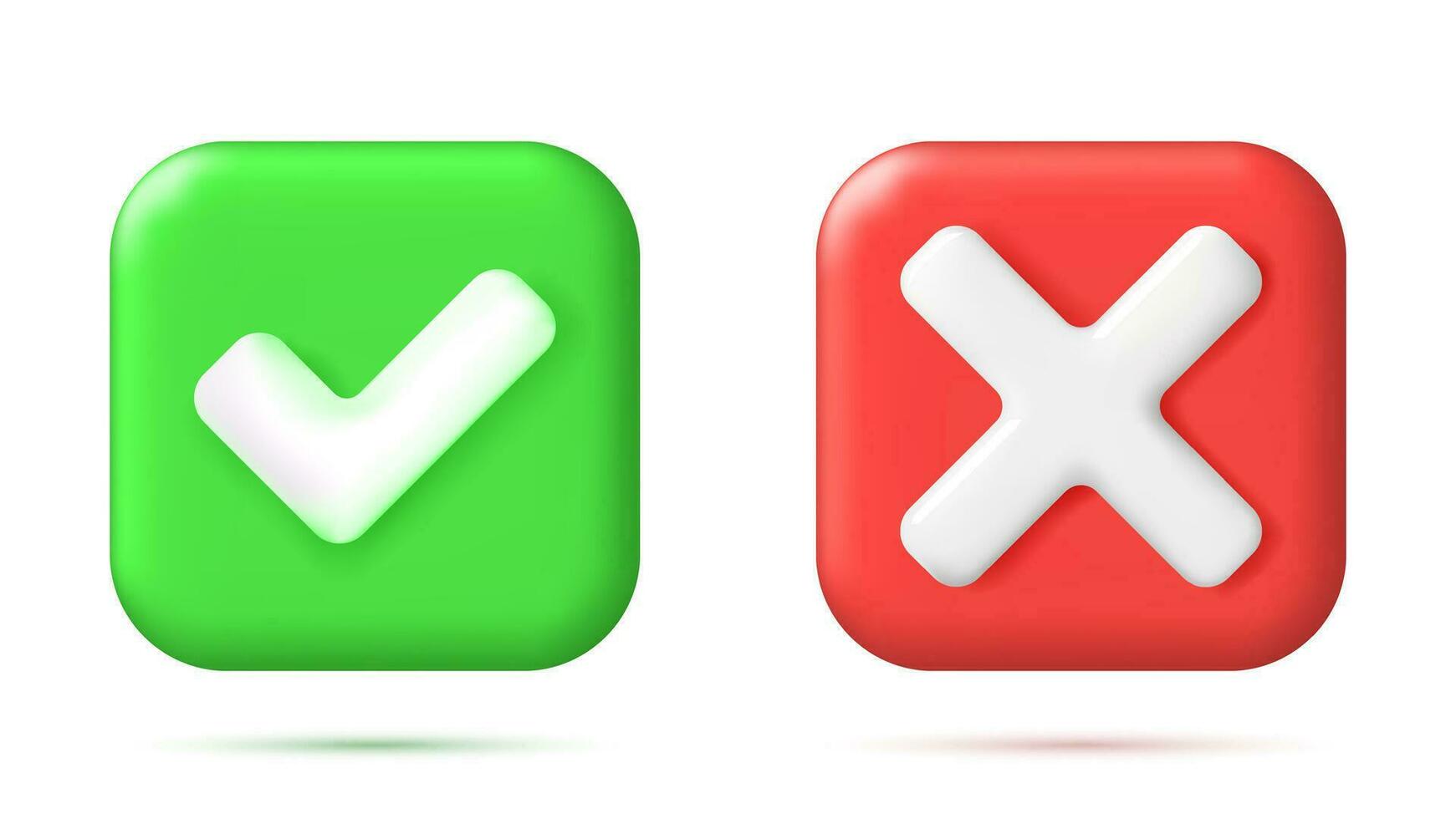 3D Right and Wrong Button in Square Shape. Green Yes and Red No Correct Incorrect Sign. Checkmark Tick Rejection, Cancel, Error, Stop, Negative, Agreement Approval or Trust Symbol. Vector Illustration