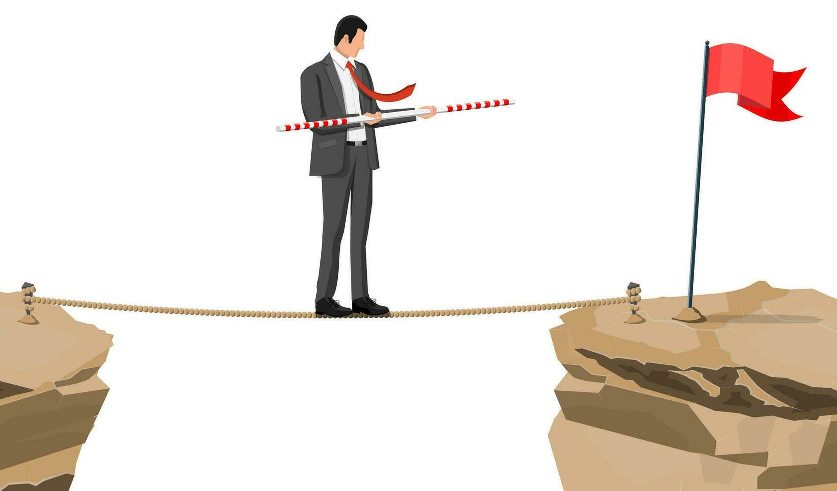 Businessman in suit walking on rope with balancer stick. Business man walking on tightrope gap. Obstacle on road, financial crisis. Risk management challenge. Vector illustration in flat style
