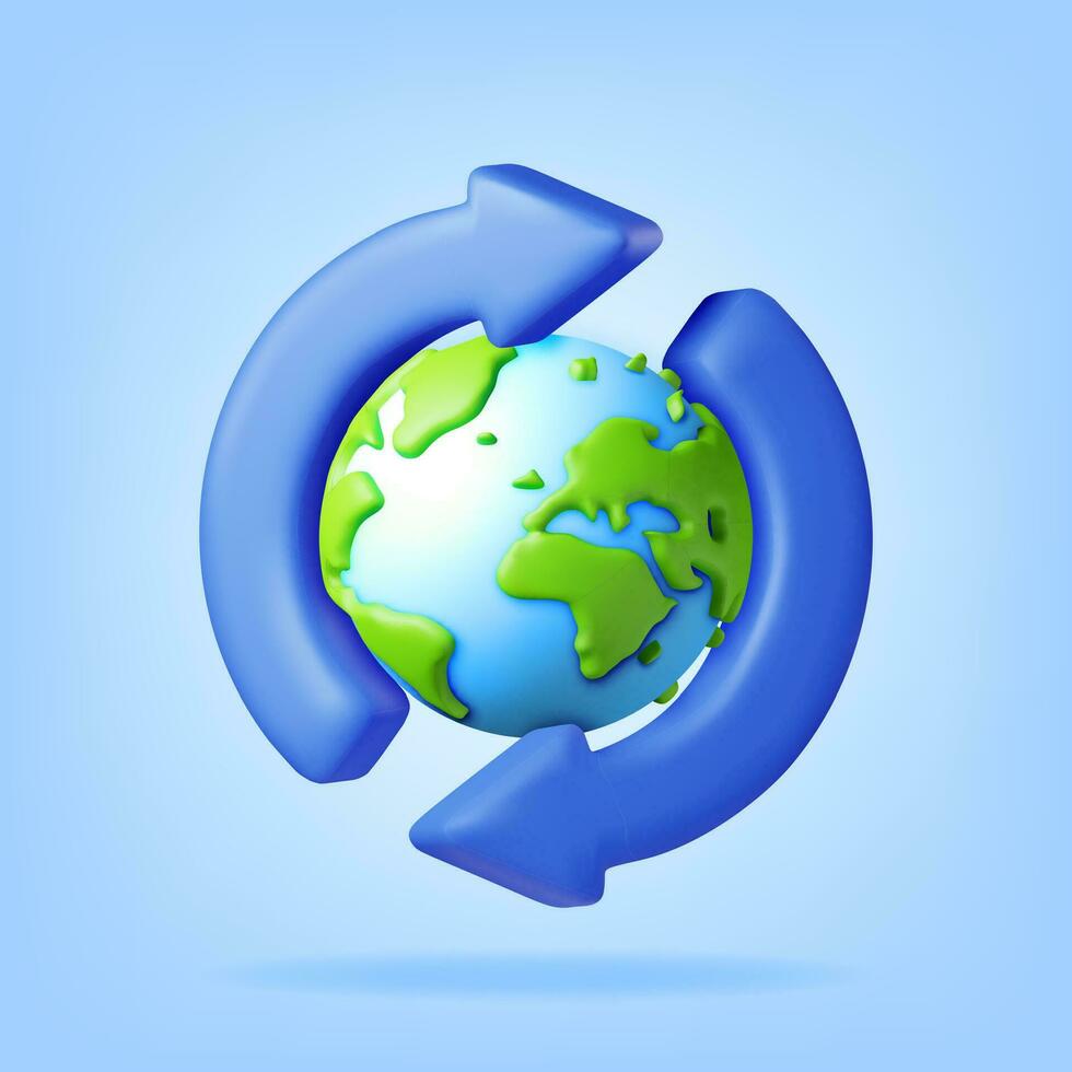 3D Cartoon Planet Earth with Cycle Arrows. Render World Map Silhouette. Planet Icon. Transportation and Travel, Connection. Earth Day, Green Planet, Environment Conservation. Vector Illustration