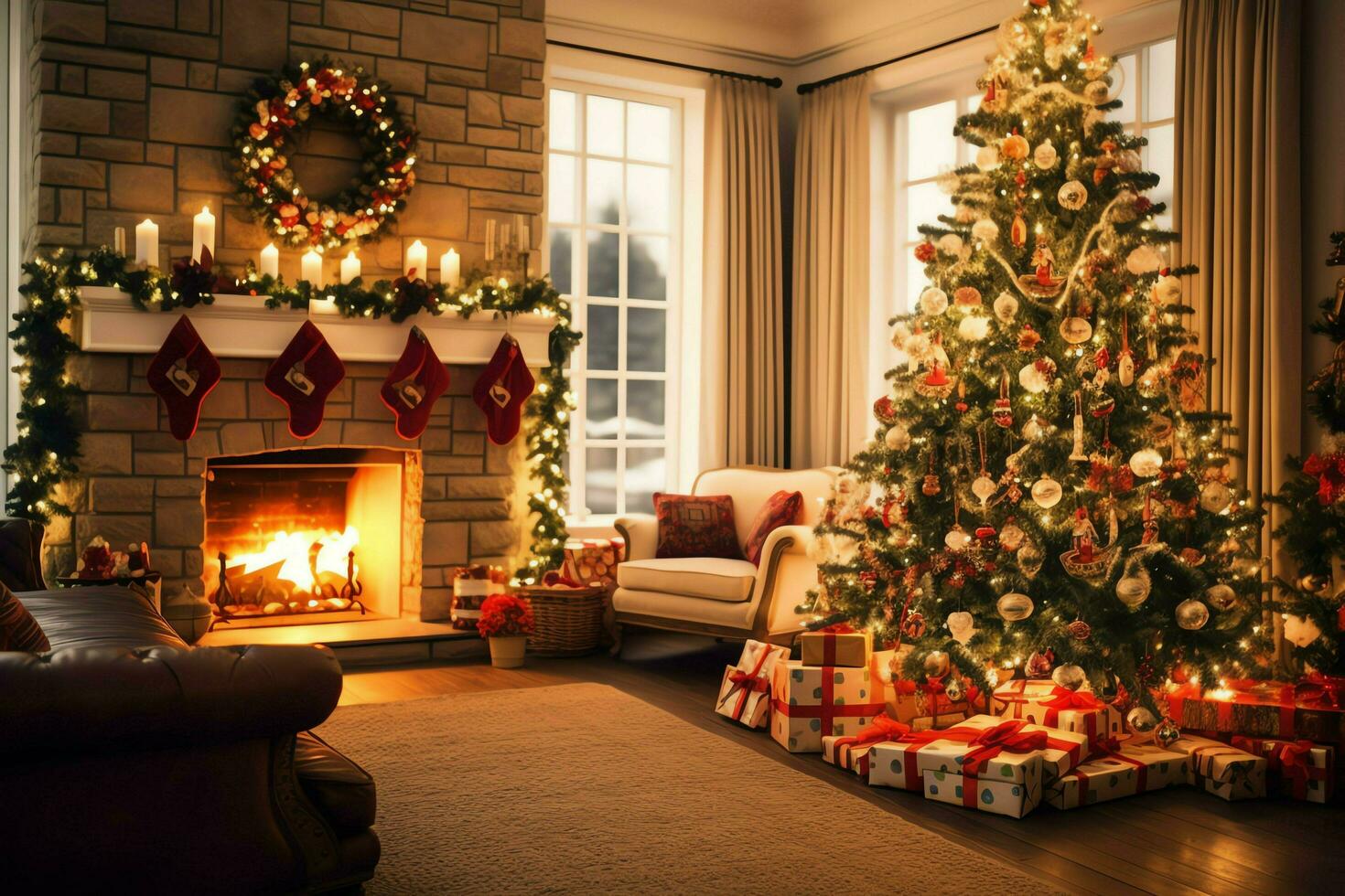 Cosy living room with beautiful christmas tree and red gifts in modern interior. Interior of living room decorated for merry christmas with socks, gift boxes and christmas accessories by AI Generated photo