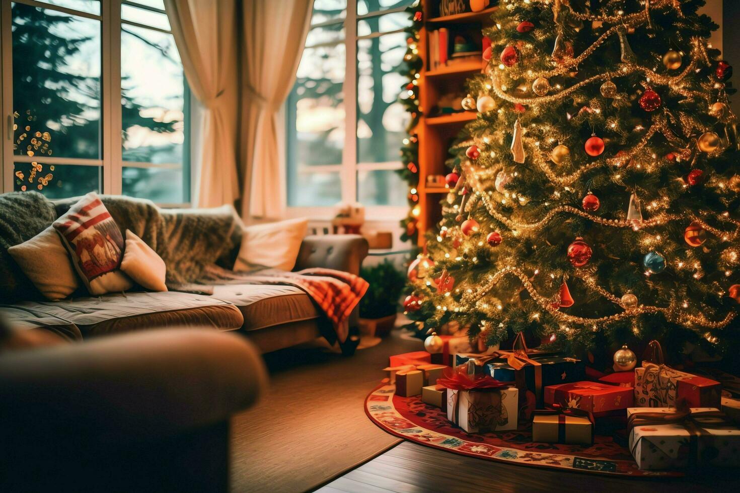 Cosy living room with beautiful christmas tree and red gifts in modern interior. Interior of living room decorated for merry christmas with socks, gift boxes and christmas accessories by AI Generated photo