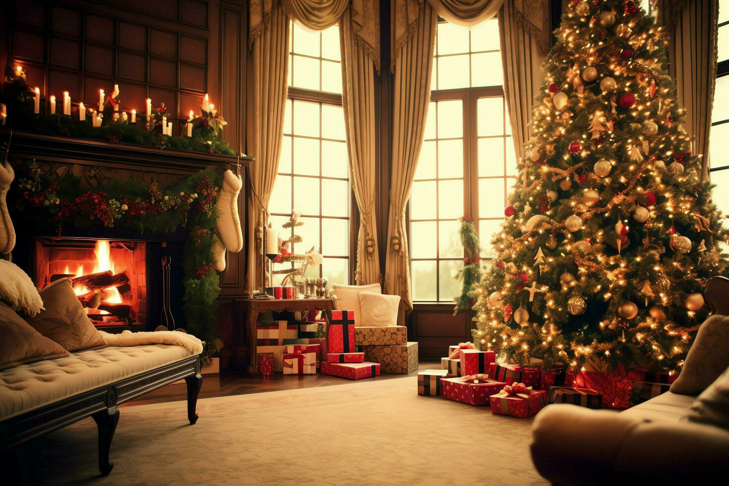 Cosy living room with beautiful christmas tree and red gifts in modern interior. Interior of living room decorated for merry christmas with socks, gift boxes and christmas accessories by AI Generated photo