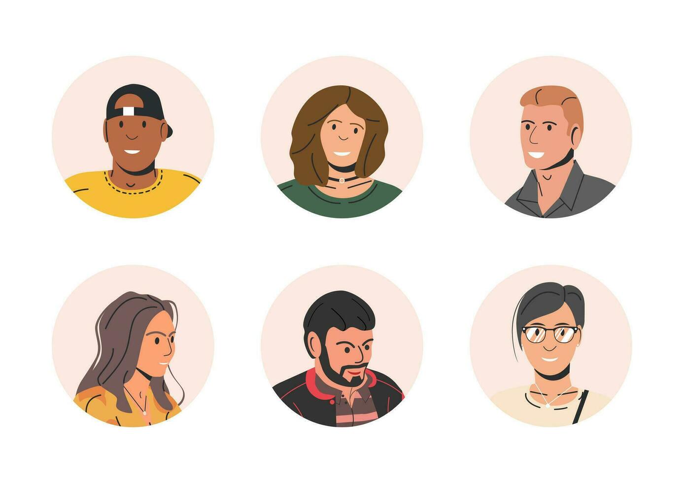 Different People Avatars. Set of Circle User Portraits. Male and Female Characters. Man and Woman in Trendy Outfit. Guys and Girls with Different Hairstyles and Ethnicities. Flat Vector Illustration