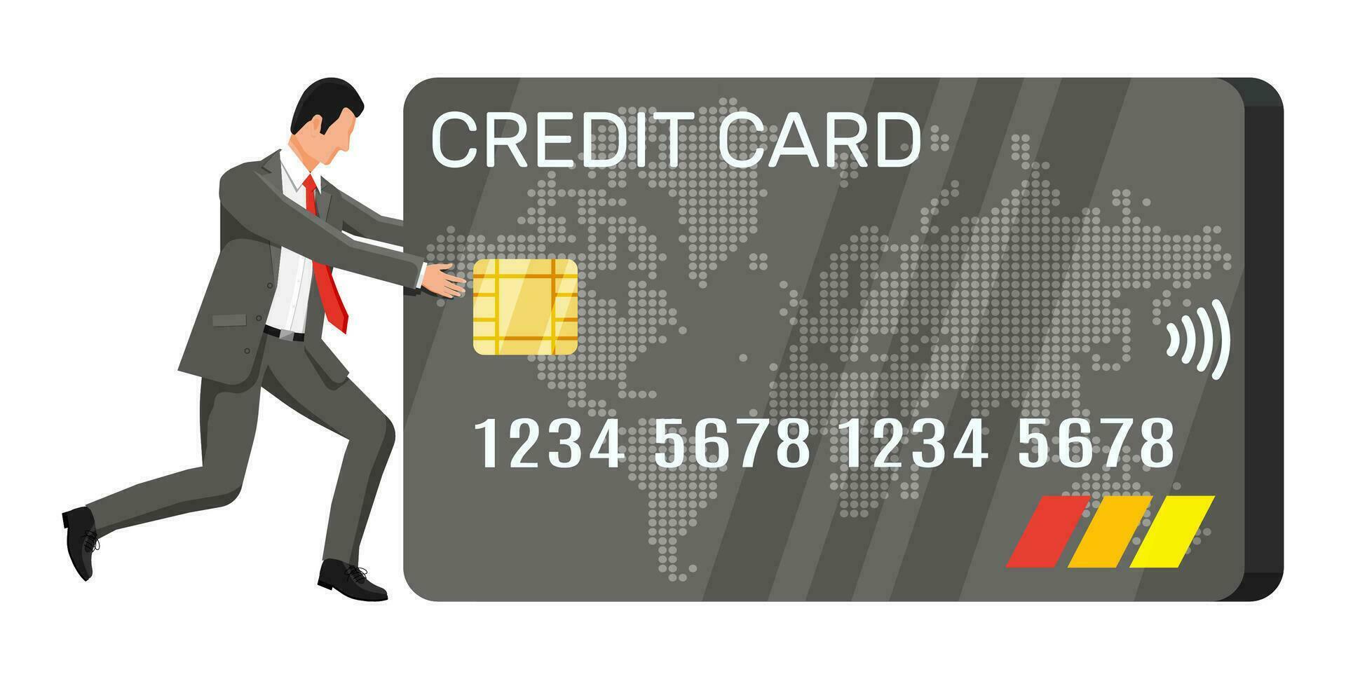 Businessman Pushing Big Credit Card. Metaphor of Debt Weight or Financial Burden. Business Man in Suit Carries Load of Bank Card. Tax, Debt, Fee, Crisis and Bankruptcy. Flat Vector Illustration