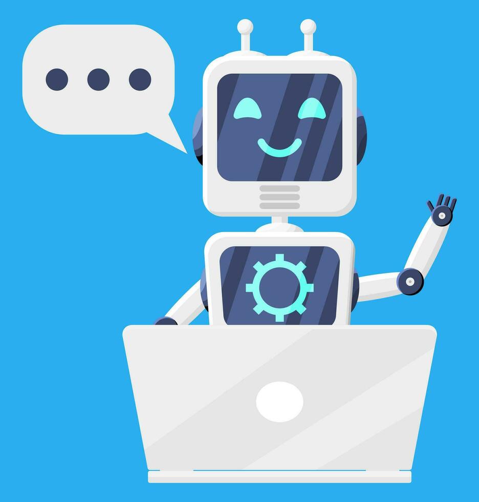 Robot Using Laptop Isolated on Blue. Chatbot Icon Sitting Behind Notebook Computer. AI Bot Helper. Concept of Chat Bot Virtual Online Assistant. Support and Internet Service. Flat Vector Illustration