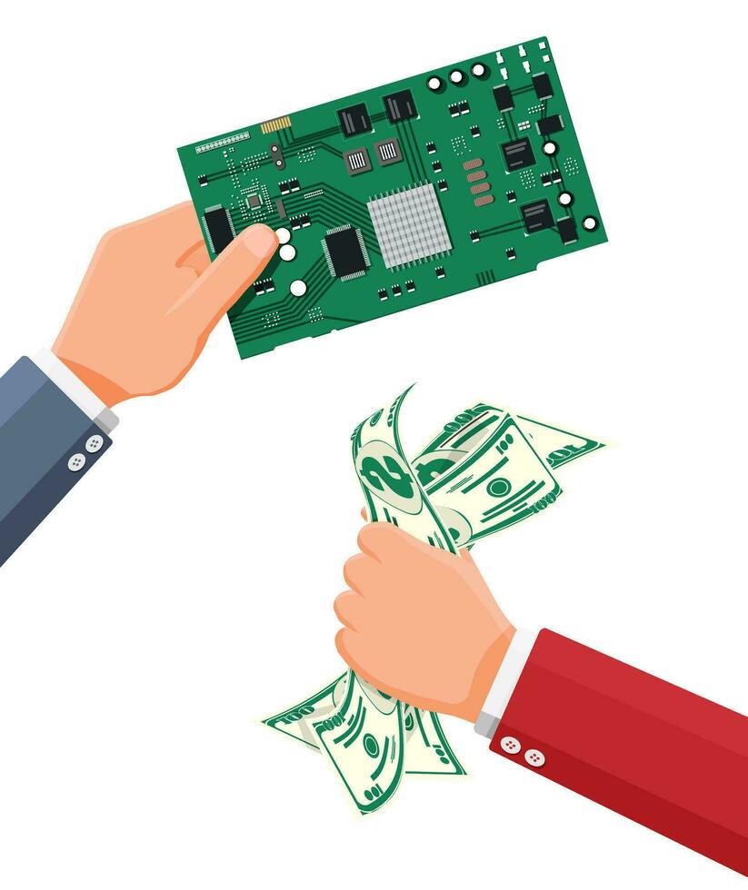 Buyer Hand with Money and Hand With Microchip. Concept of Semiconductor Shortage due Coronavirus Pandemic. Problems with Supply Chain of Computer or Electronics Manufacturing. Flat Vector Illustration