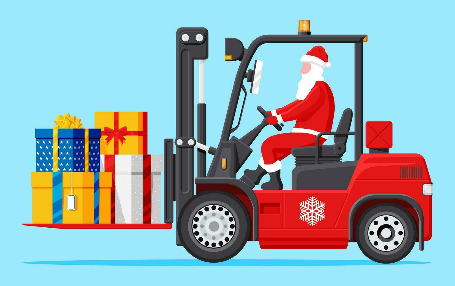 Santa Claus in Red Forklift Loaded with Pile of Gift Boxes. Christmas Presents Delivery and Shipping. Happy New Year Decoration. Merry Christmas Holiday. New Year and Xmas. Flat Vector Illustration