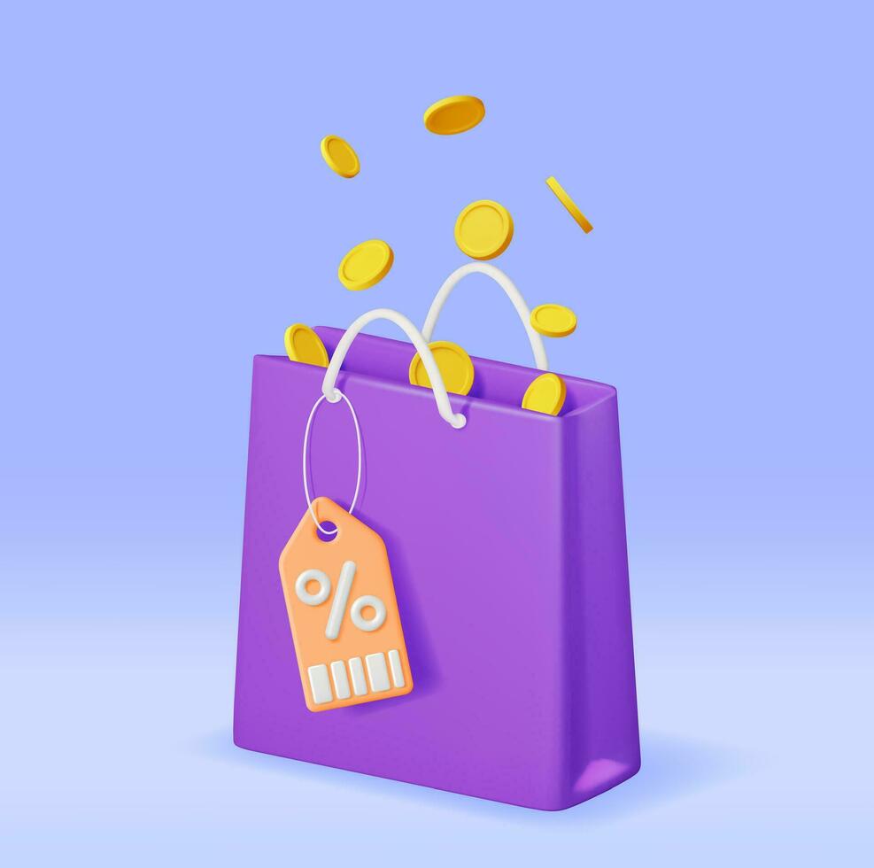 3d compras bolso y dorado monedas hacer realista regalo bolsa. recepción fondos, venta, descuento o despeje concepto. en línea o Al por menor compras símbolo. Moda bolso. vector ilustración