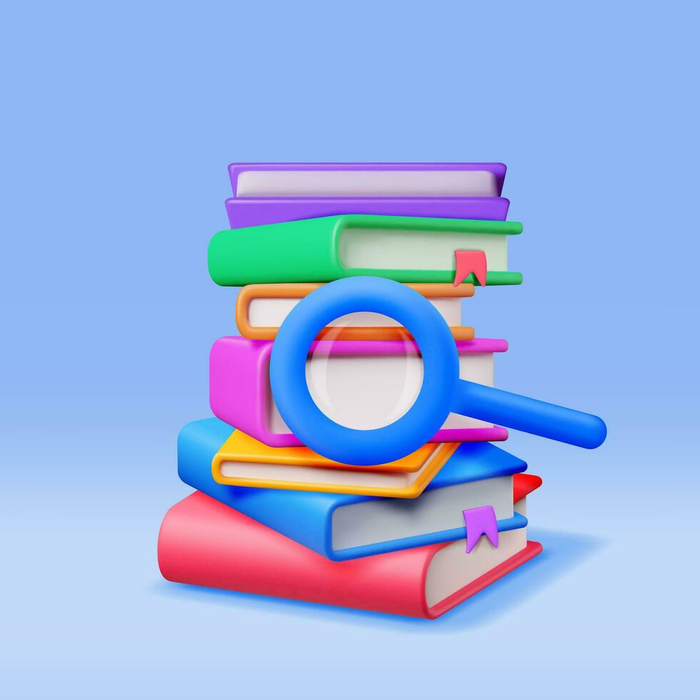 3d apilar de cerrado libros con aumentador vaso aislado. hacer pila de libros con lupa icono. buscar para información, hallazgo datos. leyendo educación, científico investigación. vector ilustración