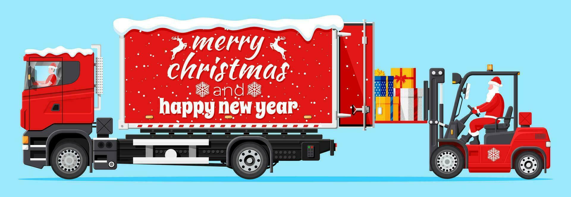Santa Claus in Red Forklift Loaded with Pile of Gift Boxes and Truck. Christmas Presents Delivery and Shipping. Happy New Year. Merry Christmas Holiday. New Year and Xmas. Flat Vector Illustration