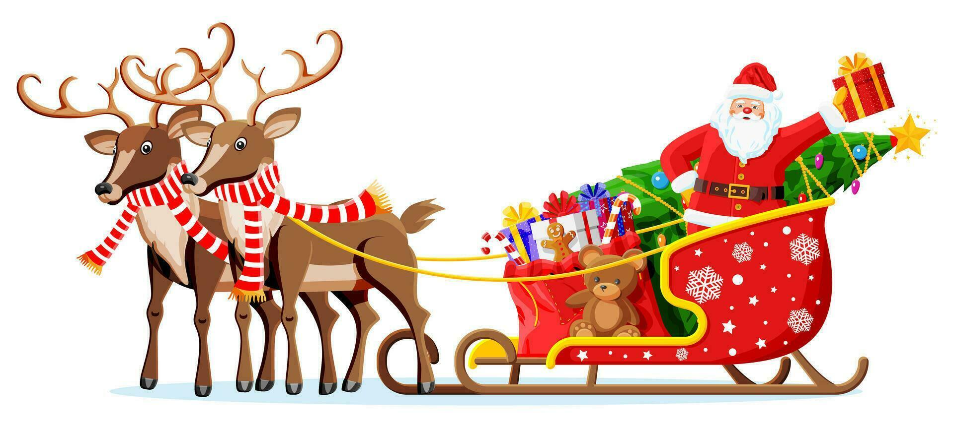 Christmas santa claus on sleigh full of gifts tree and his reindeer. Happy new year decoration. Merry christmas holiday. New year and xmas celebration. Vector illustration in flat style