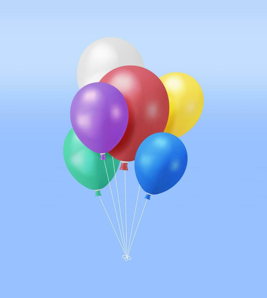3D Bunch of Balloon Isolated. Render Bundle of Realistic Helium Balloons in Red, Yellow, Green, Blue and White Color. Template for Anniversary, Birthday Party. Vector Illustration