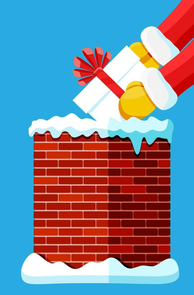 Gift box in santa claus hand and chimney isolated. Rooftop chimney with christmas present. Happy new year decoration. Merry christmas holiday. New year and xmas celebration. Flat vector illustration