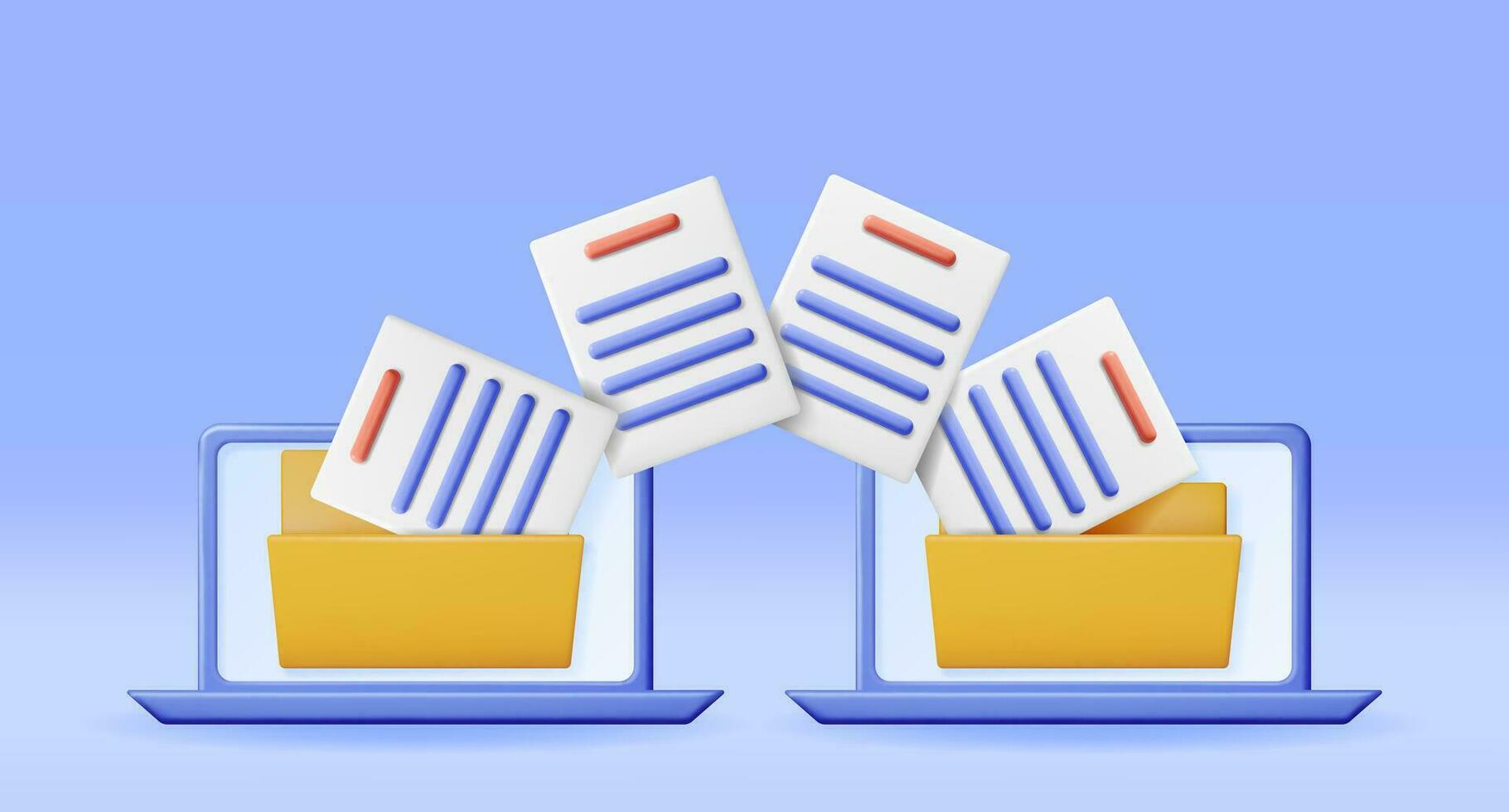 3D Business Folder Full of Papers on Laptop. Render Yellow Folder for Correspondence, Concept of File Transfer, Document Migration, Remote Access to Encrypted Documents. Vector Illustration